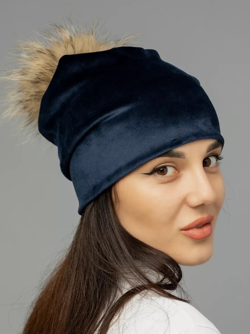 Black Beanie Hat with Faux Fur Pom